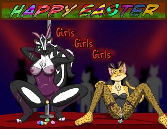 abdominal_bulge anal anal_oviposition anal_penetration anthro bite biting_lip blurred_background bunny_costume clothing costume crouching duo easter_egg egg egg_vibrator female filled_belly fishnet_clothing fishnet_handwear fishnet_legwear gesture green_eyes group_oviposition hand_gesture handwear heart_(marking) heart_eyes heart_pupils heart_symbol holidays leaning leaning_backward legwear looking_at_viewer lube markings multicolored_body multiple_toys multiple_vibrators one_eye_closed oviposition pawpads penetration pole public_oviposition sex_toy sex_toy_in_vagina sex_toy_insertion spots spotted_body strip_club striped_markings stripes translucent translucent_clothing v_sign vaginal vaginal_oviposition vaginal_penetration vibrator vibrator_in_vagina vibrator_on_clitoris wink winking_at_viewer zk-fur easter mariposa_(zk-fur) skyly_(zk-fur) felid leopard mammal mephitid pantherine skunk striped_skunk absurd_res hi_res