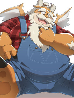 3_eyes anthro beard belly big_belly blush clothing eyewear facial_hair glasses kemono male mature_male multi_eye open_mouth overalls overweight overweight_male shirt sitting solo topwear wings emufu mythology vtuber dragon mythological_creature mythological_scalie scalie 2026 3:4 hi_res