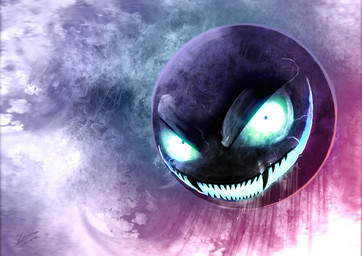 ambiguous_gender blue_eyes fangs not_furry smile solo teeth dragolisco nintendo pokemon gastly generation_1_pokemon ghost pokemon_(species) sphere_creature spirit 2015 hi_res signature