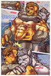 abs anthro bandage barazoku blue_eyes bottomwear clothing dialogue duo facial_hair fangs fighting_ring fur green_eyes hands_behind_back male male/male muscular mustache nipples pants pawpads paws teeth text white_body white_fur wound_on_arm wound_on_chest wound_on_face wound_on_torso yellow_body yellow_fur cl.rudolph mythology garth_mentzel_monroe mr.horton canid canine mammal mythological_canine mythological_creature werecanid werecanine werecreature werewolf absurd_res comic english_text hi_res superabsurd_res