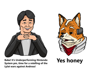 anthro black_hair black_nose clothing dialogue duo eyebrows fingers fur hair inner_ear_fluff jacket male orange_body orange_fur scarf shirt smile teeth text topwear tuft whiskers white_body white_fur half_dime dick_flattening nintendo star_fox star_fox_(2026) fox_mccloud shigeru_miyamoto canid canine fox human mammal 2026 absurd_res english_text hi_res meme