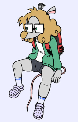 anthro backpack blonde_hair bottomwear clothing eyewear female footwear glasses green_eyes grey_body hair hoodie shirt shorts sitting socks solo spread_legs spreading t-shirt topwear young pwnnie crocs ratgore_(pwnnie) mammal murid murine rat rodent hi_res