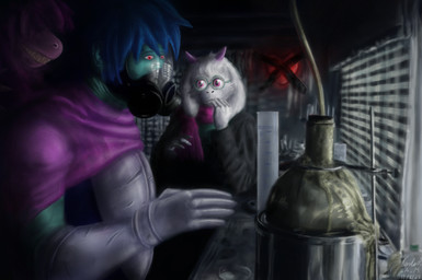ambiguous_gender anthro armor blinds blue_body blue_hair clothing cooking drugs eyewear fangs female fluffy gas_mask gauntlets glasses gloves hair handwear heart_symbol horn laboratory laboratory_equipment laboratory_glassware liquid male mask metal methamphetamine purple_body red_eyes reflection scarf scientific_instrument soul teeth teeth_showing test_tube wearing_glasses white_body window carlos-a-m breaking_bad deltarune undertale_(series) kris_dreemurr ralsei susie_(deltarune) bovid caprine crocodilian goat human mammal reptile scalie soul_(undertale) hi_res
