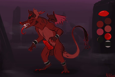 animal_genitalia anthro balls erection fur genitals horn knot knotted_penis long_tongue male male_anthro nude nude_anthro nude_male penile_spines penis red_body red_fur red_penis sheath solo standing tail teeth tongue tongue_out wings meldritchhorror canid canine canis demon mammal murid murine rat rodent wolf 2017