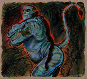abstract_background arm_hair arm_tattoo barely_visible_genitalia barely_visible_penis black_tail_tuft blue_body blue_skin blue_tail body_hair border braided_hair brown_border brown_hair genitals glans hair humanoid_genitalia humanoid_hands humanoid_penis humanoid_pointy_ears iridescent iridescent_skin long_hair male male_humanoid mouth_closed nude_humanoid nude_male penis plant pointy_ears pubes red_eyes red_glans slightly_chubby slightly_chubby_humanoid slightly_chubby_male solo tail tail_tuft tattoo text tuft the_dawner james_cameron's_avatar miles_quaritch alien humanoid na'vi recombinant_(avatar) 2026 artist_name digital_drawing_(artwork) digital_media_(artwork) hi_res portrait procreate_(artwork) shaded three-quarter_portrait