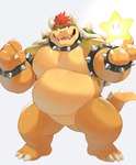 2_horns anthro belly biceps bracelet claws collar eyebrows hair horn jewelry male musclegut muscular pecs red_eyebrows red_hair shell smile solo spiked_bracelet spiked_collar spikes super_star teeth yellow_body o-ro mario_bros nintendo bowser koopa mammal scalie hi_res