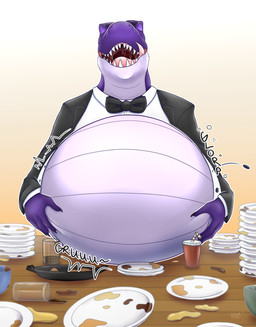 after_eating anthro belly big_belly bloated button_(fastener) button_pop clothing empty_plate male overeating plate purple_body rumbling_stomach sharp_teeth solo stuffing teeth tongue wardrobe_malfunction g3xa dinosaur prehistoric_species reptile scalie theropod absurd_res hi_res