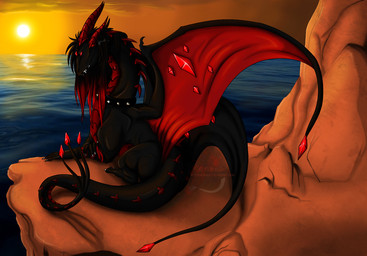 black_collar collar detailed_background female feral glowing glowing_eyes membrane_(anatomy) membranous_wings solo spiked_collar spikes sun sunset tail water wings ladyvenommyotismon mythology dragon mythological_creature mythological_scalie scalie