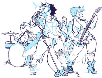 anthro breasts bulge clothed clothing drum drum_set electric_guitar electronics female footwear group guitar gynomorph intersex microphone musical_instrument percussion_instrument playing_guitar playing_music plucked_string_instrument shoes sitting smile standing string_instrument underwear wide_hips jinti aquatic canid canine cephalopod coleoid fish mammal mollusk octopodiform shark