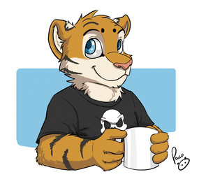 anthro black_clothing black_shirt black_t-shirt black_topwear blue_eyes cheek_tuft closed_smile clothed clothing container cup facial_tuft front_view fur glistening glistening_eyes holding_container holding_cup holding_mug holding_object logo male male_anthro mouth_closed mug neck_tuft orange_body orange_fur pink_nose shirt simple_background smile solo striped_arms striped_body striped_fur stripes t-shirt topwear tuft white_body white_fur pandapaco felid mammal pantherine tiger artist_logo bust_portrait portrait signature
