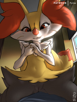 anthro black_body black_fur blush breasts chest_tuft clasped_hands female front_view fur genitals inner_ear_fluff inside looking_at_viewer low-angle_view nipples orange_body orange_fur sitting small_breasts solo spread_legs spreading tuft vulva white_body white_fur yellow_body yellow_fur conditional_dnp pyriax nintendo pokemon braixen generation_6_pokemon pokemon_(species) 2025 3:4