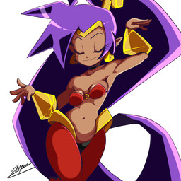 big_hair bottomwear bracelet breasts clothing dark_body dark_skin ear_piercing ear_ring eyelashes eyes_closed female front_view hair humanoid_pointy_ears jewelry long_hair navel piercing pointy_ears ponytail purple_hair red_bottomwear red_clothing red_topwear ring_piercing simple_background small_breasts smile solo thick_thighs topwear white_background wide_hips inuyuru shantae_(series) wayforward shantae genie humanoid 1:1 hi_res