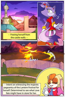 alternate_costume anthro clothing dialogue dress duo elemental_manipulation female fire fire_manipulation footwear hair high_heels mountain palace ponytail princess royalty shoes speech_bubble super_speed text yellow_eyes lua_ink sega sonic_forces sonic_the_hedgehog_(series) blaze_the_cat vanilla_the_rabbit domestic_cat felid feline felis lagomorph leporid mammal rabbit comic hi_res