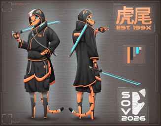 anthro blue_tongue cloak clothed clothing fully_clothed gesture glowing hand_gesture holding_object holding_weapon hood machine male melee_weapon scabbard smile solo standing streetwear sword sword_on_shoulder synthetic techwear tongue tongue_out v_sign weapon weapon_on_shoulder sovulsen android felid mammal pantherine robot robot_anthro tiger absurd_res hi_res model_sheet