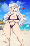 anthro beach big_breasts bikini blowing_kiss blush breasts clothing curled_hair female green_eyes grey_hair hair lips lipstick long_hair looking_at_viewer makeup seaside smile smiling_at_viewer solo swimwear thick_lips two-piece_swimsuit wide_hips mastergodai dreaj1 greta_costas bovid caprine mammal sheep hi_res