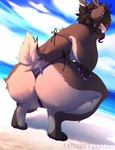 anthro antlers anus beach beach_background big_butt bikini bikini_aside bikini_bottom bikini_thong bikini_top black_sclera brown_body brown_fur brown_hair butt camel_toe clothing clothing_aside crouching ear_piercing female fluffy fluffy_hair fur fur_markings genitals hair head_tuft horn huge_butt huge_hips huge_thighs looking_at_viewer looking_back looking_back_at_viewer markings naughty_face piercing pink_pussy presenting presenting_hindquarters pussy pussy_floss sand scut_tail seducing_viewer seductive short_tail sky sky_background skyscape smile smiling_at_viewer solo swimwear swimwear_aside tail thick_thighs tongue tongue_out tuft two-piece_swimsuit white_body white_fur wide_hips chatski deer mammal mimic absurd_res hi_res