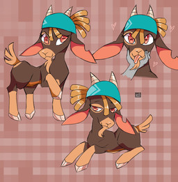 brown_body brown_fur chin_tuft clothing cloven_hooves dreadlocks facial_hair facial_tuft female feral fur goatee hair hand_under_chin headgear headgear_only headwear headwear_only heart_symbol holding_face hooves horizontal_pupils kerchief mostly_nude multicolored_body multicolored_fur pupils quadruped red_eyes short_tail smile solo tail toony tuft spec_almond them's_fightin'_herds shanty_(tfh) bovid caprine goat mammal hi_res