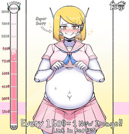 blush bodily_fluids bottomwear breasts clothed clothing clothing_lift donation_drive female happy looking_at_mirror looking_at_object machine mirror navel not_furry outie_navel pregnant shirt shirt_lift skirt smile solo sweat text topwear tsukiji millie_(tsukiji) android humanoid robot english_text hi_res