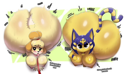 anthro areola big_breasts big_butt black_eyes blush bodily_fluids breasts butt collar dipstick_tail duo female huge_breasts huge_butt huge_hips huge_thighs hyper hyper_butt leash looking_at_viewer markings nipples nude onomatopoeia open_mouth pink_areola pink_nipples solo sound_effects striped_markings striped_tail stripes sweat sweaty_butt tail tail_markings text thick_thighs tongue tongue_out wide_hips yellow_areola yellow_body yellow_nipples crowundeadcat animal_crossing nintendo ankha_(animal_crossing) isabelle_(animal_crossing) canid canine canis domestic_cat domestic_dog felid feline felis mammal shih_tzu toy_dog 2025 english_text hi_res