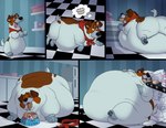 belly big_belly big_butt bowl butt cake container conveyor_belt dessert eating feeding feral food kerchief kitchen male morbidly_obese morbidly_obese_feral obese obese_feral overweight overweight_feral overweight_male solo stuffing weight_gain zidgel_(artist) disney oliver_and_company dodger_(disney) canid canine canis domestic_dog hunting_dog jack_russell_terrier mammal terrier