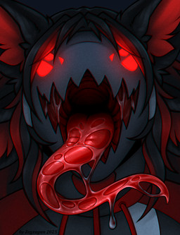 ambiguous_gender anthro bodily_fluids clothing dark_body glowing glowing_eyes jacket machine mouth_shot multi_ear multi_eye open_mouth saliva saliva_on_tongue saliva_string solo tongue tongue_out topwear zegzagun protogen absurd_res hi_res