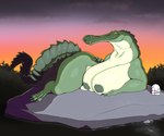 anthro big_breasts breasts female green_body green_scales huge_breasts long_snout lying nipples nude on_rock on_side outside rock scales sharp_teeth smile snout solo tail teeth thick_tail thick_thighs yellow_eyes arttukorppu crocodilian reptile sarcosuchus scalie 6:5 absurd_res hi_res