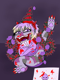 blood blood_splatter bodily_fluids body_horror claws clothed clothing computer electronics female flower forced_smile fully_clothed laptop looking_at_viewer no_underwear pawpads plant presenting presenting_to_viewer pupils rose_(flower) self_exposure sewn_mouth sewn_pussy sharp_teeth slit_pupils solo stitch_(sewing) teeth vines young young_female chimeracocks homestuck ms_paint_adventures rose_lalonde animal_humanoid cat_humanoid elemental_creature elemental_humanoid felid felid_humanoid feline feline_humanoid flora_fauna humanoid mammal mammal_humanoid mutant_humanoid plant_humanoid 3:4 absurd_res digital_media_(artwork) hi_res