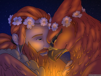 beak beard bestiality bestiality_marriage duo eyelashes facial_hair feathers female female_feral feral flower flower_crown green_eyes human_on_feral interspecies interspecies_romance intimate male male/female male_human night plant red_body red_feathers romantic romantic_couple sky smile star backlash91 conditional_dnp nintendo pokemon avian generation_6_pokemon human mammal pokemon_(species) talonflame 4:3 hi_res
