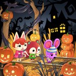 anthro black_nose blonde_hair brown_hair building chibi clothing detailed_background female forest grass green_clothing group hair hat headgear headwear house jack-o'-lantern male night outside pink_body pink_clothing plant railway_track sad standing tree senrotou animal_crossing nintendo felicity_(animal_crossing) poppy_(animal_crossing) rod_(animal_crossing) domestic_cat felid feline felis mammal mouse murid murine rodent sciurid tree_squirrel 1:1 2020 absurd_res digital_media_(artwork) hi_res