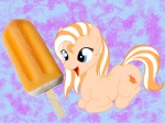 abstract_background blue_eyes creamsicle cutie_mark female food happy open_mouth popsicle simple_background sitting solo jeroba_(artist) third-party_edit hasbro my_little_pony dreamsicle_swirl fan_character earth_pony equid equine horse mammal pony 4:3 shopped