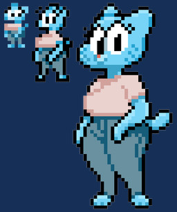 anthro blue_body blue_fur bottomwear clothing denim denim_bottomwear denim_clothing eyelashes female fur jeans looking_at_viewer pants paws shirt simple_background smile solo t-shirt tail thick_thighs topwear transparent_background wide_hips sunibee cartoon_network the_amazing_world_of_gumball nicole_watterson domestic_cat felid feline felis mammal 2026 alpha_channel digital_media_(artwork) low_res pixel_(artwork)