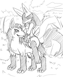 ambiguous_gender anthro detailed_background duo feral forest fur outside plant riding straddling tail toony tree wood nyaswitchnya nintendo pokemon canid canine generation_3_pokemon generation_4_pokemon lucario mammal mightyena pokemon_(species) monochrome