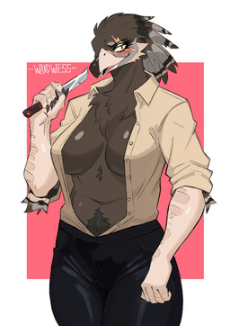 anthro beak big_breasts bottomwear breasts brown_body brown_feathers cleavage clothed clothing dagger eye_scar facial_scar feathers female melee_weapon midriff non-mammal_breasts pants scar scuted_arms scutes shirt solo topwear unbuttoned_shirt weapon wandwess accipitriform avian bird vulture absurd_res hi_res