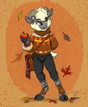 absurd_res acorn anthro apple autumn bovid caprine clothing food footwear fruit fur furgonomic_footwear furgonomics hand_behind_back hi_res holding_food holding_object hoof_hands hooves horn leaf llamaboy male mammal nut_(fruit) plant satchel scarf sheep signature simple_background solo white_body white_fur wool_(fur)