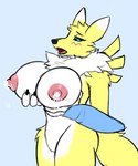 anthro big_breasts black_sclera blue_eyes bodily_fluids breasts clothed clothing female lactating solo tight_clothing wet wet_clothing sirdoomwolf bandai_namco digimon canid digimon_(species) mammal renamon 5:6 hi_res