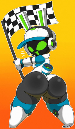 anthro bar_emanata big_butt black_body black_butt butt butt_pose checkered checkered_flag clothed clothed_female clothing electronics emanata female flag flag_(object) glistening glistening_butt gradient_background green_eyes green_inner_ear green_mouth hat headgear headphones headwear holding_flag holding_object holding_with_two_hands huge_butt looking_at_viewer looking_back looking_back_at_viewer machine open_mouth open_smile outline pose simple_background smile solo standing thick_thighs waving_flag white_clothing white_ears white_hat white_headwear white_outline wide_hipped_anthro wide_hipped_female wide_hips vilepluff project_turboblast tempo_(project_turboblast) lagomorph leporid mammal rabbit robot robot_anthro 2025 digital_media_(artwork) hi_res shaded