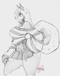 anthro big_breasts bottomwear breasts choker clothed clothing female hand_on_hip jewelry necklace off_shoulder side_view skirt solo sweater thick_thighs topwear anuki canid canine canis domestic_dog husky mammal nordic_sled_dog spitz black_and_white hi_res monochrome