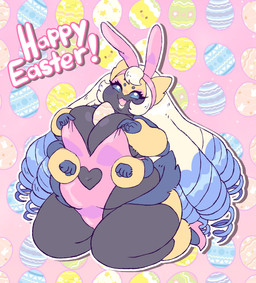 4_arms anthro big_breasts black_body blue_body blue_eyes blue_hair breasts clothing drill_curls easter_egg eyelashes fake_ears fake_rabbit_ears female footwear hair heart_cutout heart_symbol high_heels holidays huge_breasts kneeling long_hair multi_arm multi_eye multi_limb multicolored_body multicolored_hair navel object_between_breasts open_mouth open_smile overweight overweight_anthro overweight_female pattern_background pink_background pink_bunny_costume pink_clothing pink_footwear pink_high_heels playboy_bunny shoes simple_background smile smiling_at_viewer solo text thick_thighs white_hair yellow_body glitterypikachu easter nintendo pokemon valentine_(glitterypikachu) galvantula generation_5_pokemon pokemon_(species) 2026 absurd_res english_text hi_res
