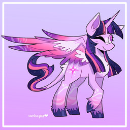 1_horn closed_smile eyelashes female female_feral feral gradient_background hair hooves horn mouth_closed multicolored_hair multicolored_tail_tuft multicolored_wings one_eye_closed pink_wings purple_background purple_body purple_eyes purple_hair purple_hooves purple_horn purple_tail side_view simple_background smile solo spiral_horn standing tail tail_tuft text tuft wings wink swirlseypop friendship_is_magic hasbro my_little_pony mythology twilight_sparkle_(mlp) equid equine mammal mythological_creature mythological_equine winged_unicorn 1:1 artist_name cel_shading digital_media_(artwork) english_description hi_res purple_theme shaded