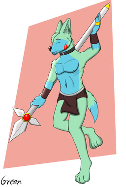 anthro clothed clothing fur green_body green_fur hair holding_object holding_weapon male melee_weapon polearm simple_background solo spear weapon yoke_pose greensodafennec greensoda_(greensodafennec) canid canine canis fennec_fox fox mammal true_fox absurd_res digital_media_(artwork) hi_res