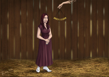 blue_eyes clothed clothing disembodied_hand dress duo female female_human front_view hair hay human_only hypnosis inside long_hair mind_control not_furry red_clothing red_dress red_hair solo_focus standing tan_body tan_skin rufciu human mammal 2024 dated full-length_portrait portrait signature