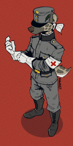 anthro armband austria-hungary belt belt_buckle biped boots bottomwear buckle clothing coat_of_arms combat_boots cross ears_up footwear glove_snap gloves hair handwear hat hat_covering_eyes headgear headwear hidden_eyes humanoid_hands jacket male medical medical_gloves military military_cap military_clothing military_hat military_jacket military_pants military_uniform pants red_cross shoes soldier solo standing tail topwear uniform warrior wearing_hat white_clothing white_gloves white_hair white_handwear world_war_1 mawkvlt kolya_yeen_(mawkvlt) hyena mammal spotted_hyena 1:2 hi_res