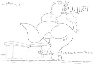 anthro bag digestion food fruit male melon oral_vore plant size_difference tail text vore weight_gain dirtymac mythology dragon mythological_creature mythological_scalie scalie absurd_res black_and_white hi_res monochrome