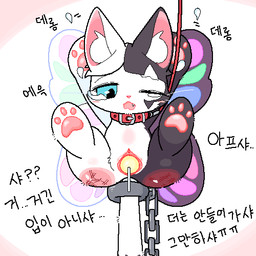 bdsm black_body blue_eyes blush bodily_fluids bondage bound candy chain chained cute_fangs dessert fangs female feral food food_fetish food_insertion food_play forced genitals improvised_sex_toy inner_ear_fluff insect_wings leash lepidopteran_wings one_eye_closed open_mouth pawpads penetration simple_background solo spank_marks spread_legs spreading tears teeth text tuft vaginal vaginal_penetration vulva white_background white_body wings waterseal mabinogi irusan_(mabinogi) arthropod butterfly domestic_cat felid feline felis hybrid insect lepidopteran mammal 1:1 full-length_portrait korean_text low_res portrait translated