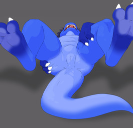 animal_genitalia anthro digitigrade featureless_crotch feet foot_focus genital_slit genitals lying male nude null on_back solo tail thick_tail tongue tongue_out kyrio kyrio_the_raptor_(kyrio) dinosaur dromaeosaurid prehistoric_species reptile scalie theropod hi_res