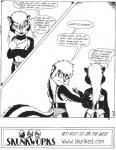 anthro black_and_white breasts claws clothed clothing comic dialogue english_text family female hair james_m_hardiman lori_(jmh) mammal mephitid midriff monochrome natasha_(jmh) onyx_(jmh) sibling_(lore) simple_background sister_(lore) skunk text traditional_media_(artwork)