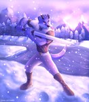 anthro armor belt boots clothed clothing detailed_background evergreen_tree fighting_pose footwear hair horn leather leather_boots leather_clothing leather_footwear male melee_weapon mountain pine_tree plant pose river shoes snow snowing solo sunset sword tree warrior weapon winter galletoart pixlwarren animal_humanoid humanoid mammal mammal_humanoid mustelid mustelid_humanoid otter 2023 absurd_res cool_colors digital_drawing_(artwork) digital_media_(artwork) hi_res shaded