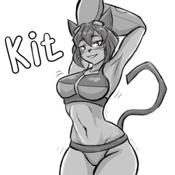 anthro biped clothed clothed_anthro clothing eyewear female front_view fur glitch goggles hair navel red_eyes smile smiling_at_viewer smirk smirking_at_viewer solo stretching swimwear tail teeth koto_art gameoverse glitch_productions kit_bodega domestic_cat felid feline felis mammal 1:1 absurd_res hi_res sketch