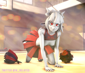 all_fours anthro breasts cheerleader_outfit clothed clothing female fur gym hair horn looking_at_viewer nipples nude red_eyes revamped_anthros small_breasts smug solo white_body white_fur white_hair ik_related convent_of_hell helltaker goat_lucifer_(helltaker) bovid caprine demon goat mammal 3d_(artwork) digital_media_(artwork) hi_res source_filmmaker_(artwork)