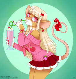 accessory anthro beverage blonde_hair bottomwear bow_(feature) bow_accessory bow_ribbon bracelet clothed clothing colored_nails drinking_straw ear_piercing eyelashes eyewear female furgonomics glasses hair jewelry long_hair looking_at_viewer milkshake nails off_shoulder piercing pink_nose ribbons silly_straw skirt solo tail tail_accessory tail_bow tail_ribbon nim-nim mamori_sweets mammal murid murine rat rodent 2016 digital_media_(artwork) shaded
